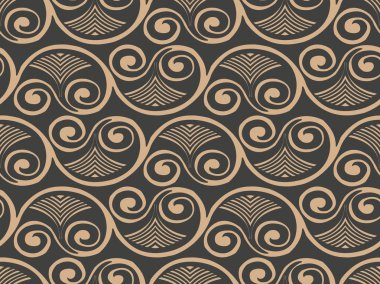 Vektör damasko Dikişsiz retro desen arka plan sarmal eğrisi girdap çerçeve asma kret çapraz yuvarlak. Zarif lüks kahverengi tonlu tasarım duvar kağıtları, arka planında ve sayfa doldurmak için.