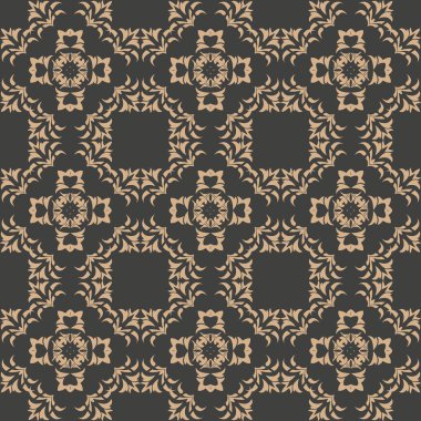 Vektör damasko Dikişsiz retro desen arka plan botanik bahçesi sarmal eğri çapraz çerçeve yaprak asma çiçek. Zarif lüks kahverengi tonlu tasarım duvar kağıtları, arka planında ve sayfa doldurmak için.