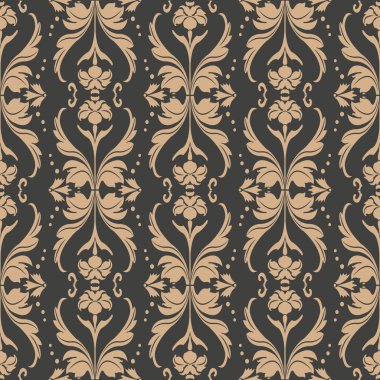 Damasko Dikişsiz retro desen arka plan sarmal eğri dalga vektör yaprak çerçeve çiçek noktalı çizgi çapraz. Zarif lüks kahverengi tonlu tasarım duvar kağıtları, arka planında ve sayfa doldurmak için.