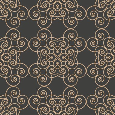 Vektör damasko Dikişsiz retro desen arka plan girdap sarmal eğri çapraz çerçeve asma zinciri yuvarlak. Zarif lüks kahverengi tonlu tasarım duvar kağıtları, arka planında ve sayfa doldurmak için.