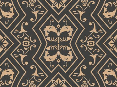 Vektör damasko Dikişsiz retro desen arka plan çokgen geometrisi eğrisi çapraz çerçeve zinciri asma yaprak çiçek. Zarif lüks kahverengi tonlu tasarım duvar kağıtları, arka planında ve sayfa doldurmak için.