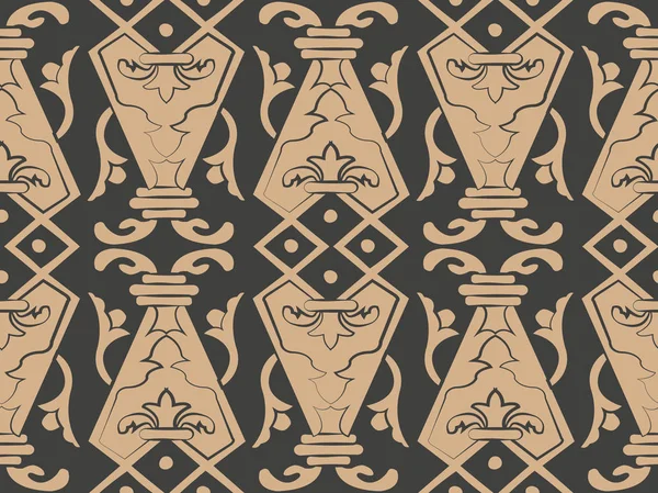 Vektör damasko Dikişsiz retro desen arka plan çokgen geometrisi eğrisi çapraz çerçeve zinciri asma yaprak çiçek. Zarif lüks kahverengi tonlu tasarım duvar kağıtları, arka planında ve sayfa doldurmak için.
