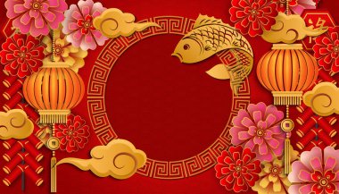 Happy Chinese new year retro gold relief flower lantern fish cloud firecrackers and lattice round frame. Idea for greeting card, web banner design. clipart