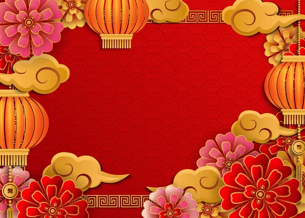 Китайский Ретро Золотой Рельеф Цветок Фонарь Облако Решетка Рамки Идея — стоковый вектор