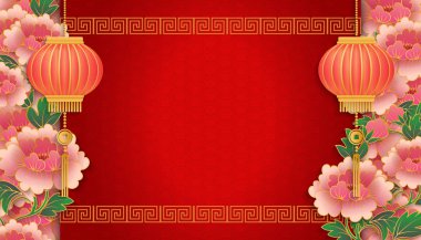 Mutlu Çin yeni yılı retro kabartma Şakayık Çiçeği fener sarmal kafes çerçeve kenarlığı çapraz. Tebrik kartı, web banner tasarımı için fikir.