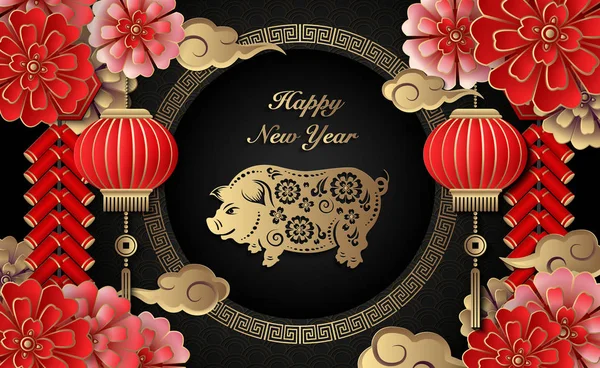 Šťastný Čínský Nový Rok Retro Zlatá Úlevu Květina Lucerna Prase — Stockový vektor
