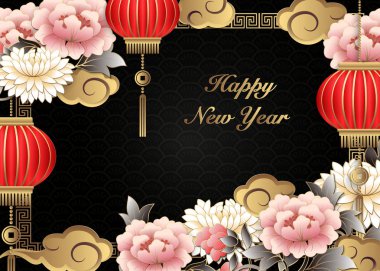 Bulut ve kafes Çin retro altın mor pembe kabartma peony çiçek fener çerçeve.