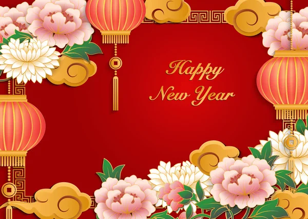 Kínai Retro Arany Piros Rózsaszín Megkönnyebbülés Bazsarózsa Virág Lámpa Felhő — Stock Vector