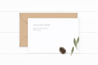 Düz yatıyordu üstten görünüm zarif beyaz kompozisyon mektup kraft kağıt zarf çam koni yaprak ahşap arka plan üzerinde.