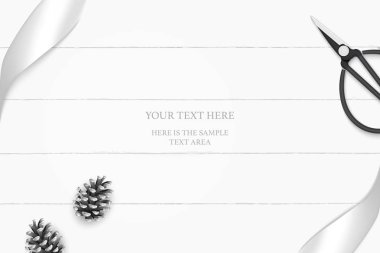  üstten görünüm zarif beyaz kompozisyon gümüş şerit çam koni ve vintage metal için makaslar ahşap zemin arka plan.