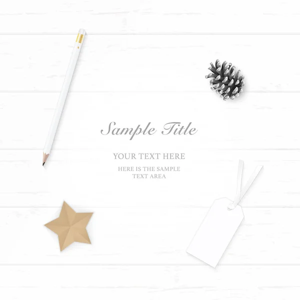 Flache Lay Draufsicht Elegante Weiße Weihnachten Komposition Papier Tannenzapfen Bleistift — Stockvektor