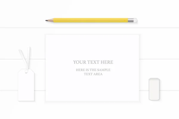 Плоский Вид Сверху Элегантная Белая Композиция Бумага Желтый Карандаш Ластик — стоковый вектор
