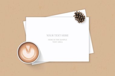 Düz yatıyordu üstten görünüm zarif beyaz kompozisyon kağıt çam kozalağı ve kahve kraft arka plan üzerinde.