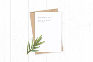 Düz yatıyordu üstten görünüm zarif beyaz kompozisyon mektup kraft kağıt zarf tarhun yaprak ahşap arka plan üzerinde.