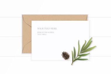 Düz yatıyordu üstten görünüm zarif beyaz kompozisyon mektup kraft kağıt zarf çam koni tarhun yaprak ahşap arka plan üzerinde.