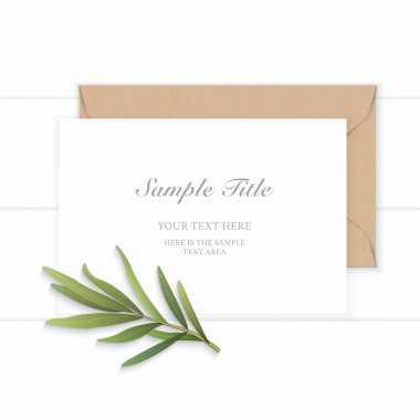 Düz yatıyordu üstten görünüm zarif beyaz kompozisyon kağıt kraft zarf tarhun yaprak ahşap arka plan üzerinde.