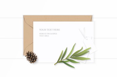 Üstten görünüm zarif beyaz kompozisyon mektup kraft kağıt zarf çam koni tarhun yaprak yat ve ahşap arka plan üzerinde etiket.