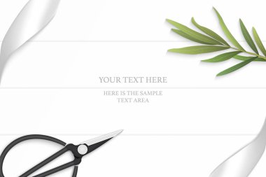 Düz yatıyordu üstten görünüm zarif beyaz kompozisyon gümüş şerit tarhun yaprak ve vintage metal için makaslar ahşap zemin arka plan.