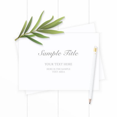 Üstten görünüm zarif beyaz kompozisyon kağıt tarhun yaprak yat ve ahşap arka plan üzerinde kalem.