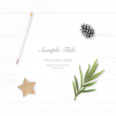 Düz yatıyordu üst ahşap arka plan üzerinde zarif beyaz Noel kompozisyon kağıt çam koni kalem tarhun yaprak ve yıldız şekli zanaat görüntülemek.