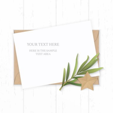 Düz yatıyordu üstten görünüm zarif beyaz kompozisyon kağıt kraft zarf yıldız şekli craft ve tarhun yaprak ahşap arka plan üzerinde.