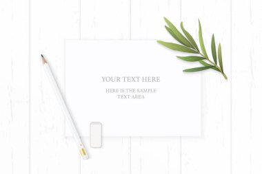 Düz yatıyordu üstten görünüm zarif beyaz kompozisyon kağıt kalem silgi ve tarhun yaprak ahşap arka plan üzerinde.