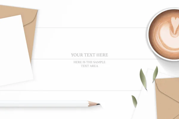 フラット レイアウト平面図エレガントな白い構成手紙クラフト紙封筒葉鉛筆と木製の背景にコーヒー — ストックベクタ