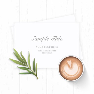 Düz yatıyordu üstten görünüm zarif beyaz kompozisyon kağıt kahve ve tarhun yaprak ahşap arka plan üzerinde.