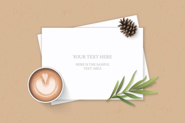 Düz yatıyordu üstten görünüm zarif beyaz kompozisyon kağıt çam koni tarhun yaprak ve kahve kraft arka plan üzerinde.