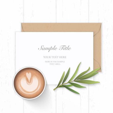 Düz yatıyordu üstten görünüm zarif beyaz kompozisyon kağıt kraft zarf tarhun yaprak ve ahşap zemin üzerine kahve.