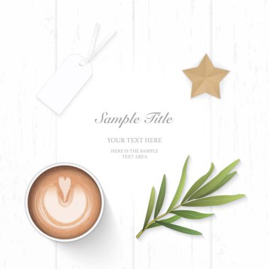 Düz yatıyordu üst zarif beyaz kompozisyon kağıt sarı kalem etiketi yıldız zanaat tarhun yaprak ve kahve üzerinde ahşap arka plan görüntüleme.