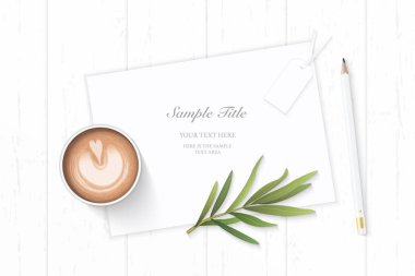 Düz yatıyordu üstten görünüm zarif beyaz kompozisyon kağıt botanik bahçe bitki tarhun yaprak etiket kalem ve ahşap zemin üzerine kahve.