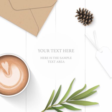 Düz yatıyordu üst zarif beyaz kompozisyon kağıt yaprak çiçek çam koni kraft Zarf etiket tarhun yaprak ve kahve üzerinde ahşap arka plan görüntüleme.