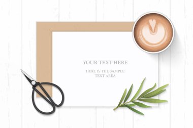 Düz yatıyordu üstten görünüm zarif beyaz kompozisyon kağıt kraft zarf kahve tarhun yaprak ve vintage metal için makaslar ahşap arka plan.