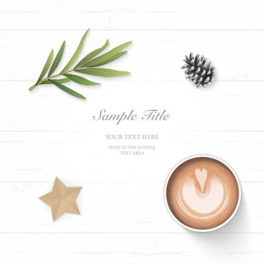 Düz yatıyordu üst ahşap arka plan üzerinde zarif beyaz Noel kompozisyon kağıt çam koni kalem kahve tarhun yaprak ve yıldız şekli zanaat görüntülemek.