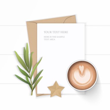 Düz yatıyordu üstten görünüm zarif beyaz kompozisyon mektup kraft kağıt zarf yaprak kahve tarhun yaprak ve yıldız şekli tekne ahşap arka plan üzerinde.