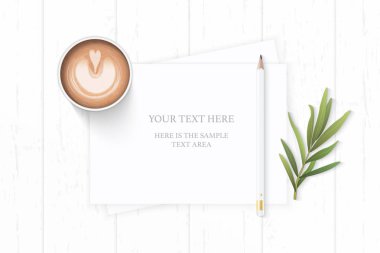 Düz yatıyordu üstten görünüm zarif beyaz kompozisyon kağıt doğa tarhun yaprak kalem ve ahşap zemin üzerine kahve.