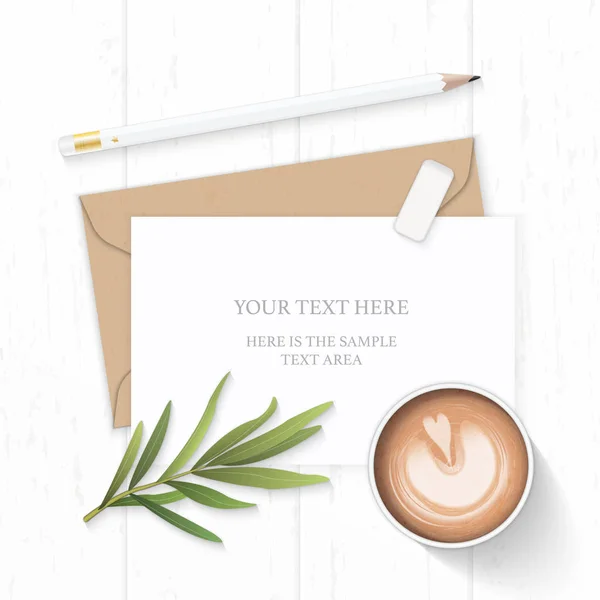 平卧顶视图优雅的白色组成信牛皮纸信封铅笔橡皮擦龙叶和咖啡在木制背景 — 图库矢量图片