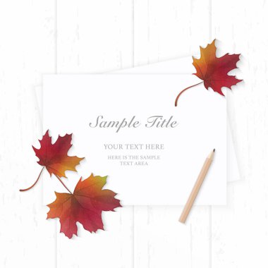 Üstten görünüm zarif beyaz kompozisyon kağıt kırmızı sonbahar akçaağaç yaprağı yat ve ahşap arka plan üzerinde kalem.