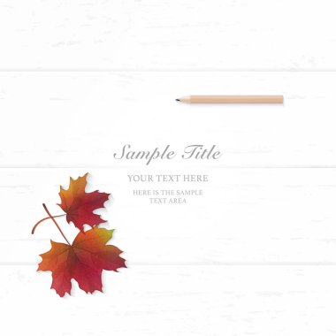 Üstten görünüm zarif beyaz kompozisyon kağıt sonbahar kırmızı akçaağaç yaprağı yat ve ahşap arka plan üzerinde kalem.