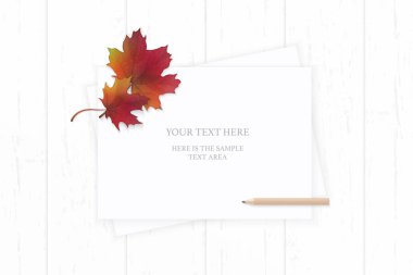 Üstten görünüm zarif beyaz kompozisyon kağıt sonbahar kırmızı akçaağaç yaprağı yat ve ahşap arka plan üzerinde kalem.