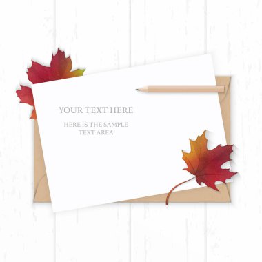 Üstten görünüm zarif beyaz kompozisyon kağıt kraft zarf kırmızı sonbahar akçaağaç yaprağı yat ve ahşap arka plan üzerinde kalem.