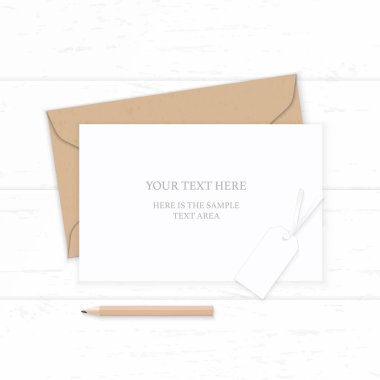 Üstten görünüm zarif beyaz kompozisyon mektup kraft kağıt zarf kalem yat ve ahşap arka plan üzerinde etiket.