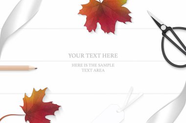 Düz yatıyordu üst zarif beyaz kompozisyon gümüş şerit sonbahar akçaağaç yaprağı kalem ve vintage metal makas ahşap zemin arka plan üzerinde görüntüleme.