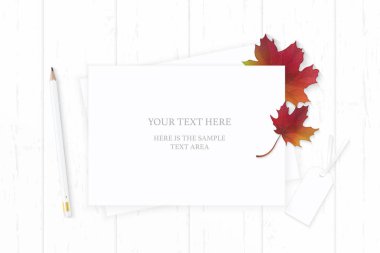 Düz yatıyordu üstten görünüm zarif beyaz kompozisyon kağıt kalem etiketi ve sonbahar doğa akçaağaç yaprağı ahşap arka plan üzerinde.