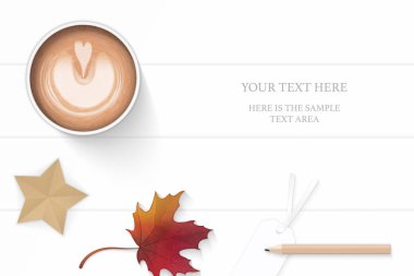 Düz yatıyordu üstten görünüm zarif beyaz kompozisyon kahve kalem etiketi sonbahar akçaağaç yaprağı ve star craft ahşap zemin zemin üzerine.