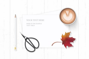 Düz yatıyordu üstten görünüm zarif beyaz kompozisyon kağıt doğa yaprak kahve kalem sonbahar akçaağaç yaprağı ve vintage metal için makaslar ahşap arka plan.