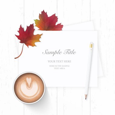 Üstten görünüm zarif beyaz kompozisyon kağıt sonbahar akçaağaç yaprağı kahve yat ve ahşap arka plan üzerinde kalem.