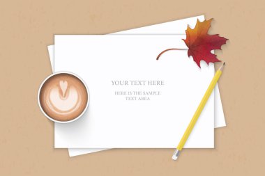 Düz yatıyordu üstten görünüm zarif beyaz kompozisyon kağıt sarı sonbahar akçaağaç yaprağı ve kraft arka plan üzerinde kahve kalem.