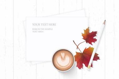 Üstten görünüm zarif beyaz kompozisyon kağıt sonbahar akçaağaç yaprağı kahve yat ve ahşap arka plan üzerinde kalem.